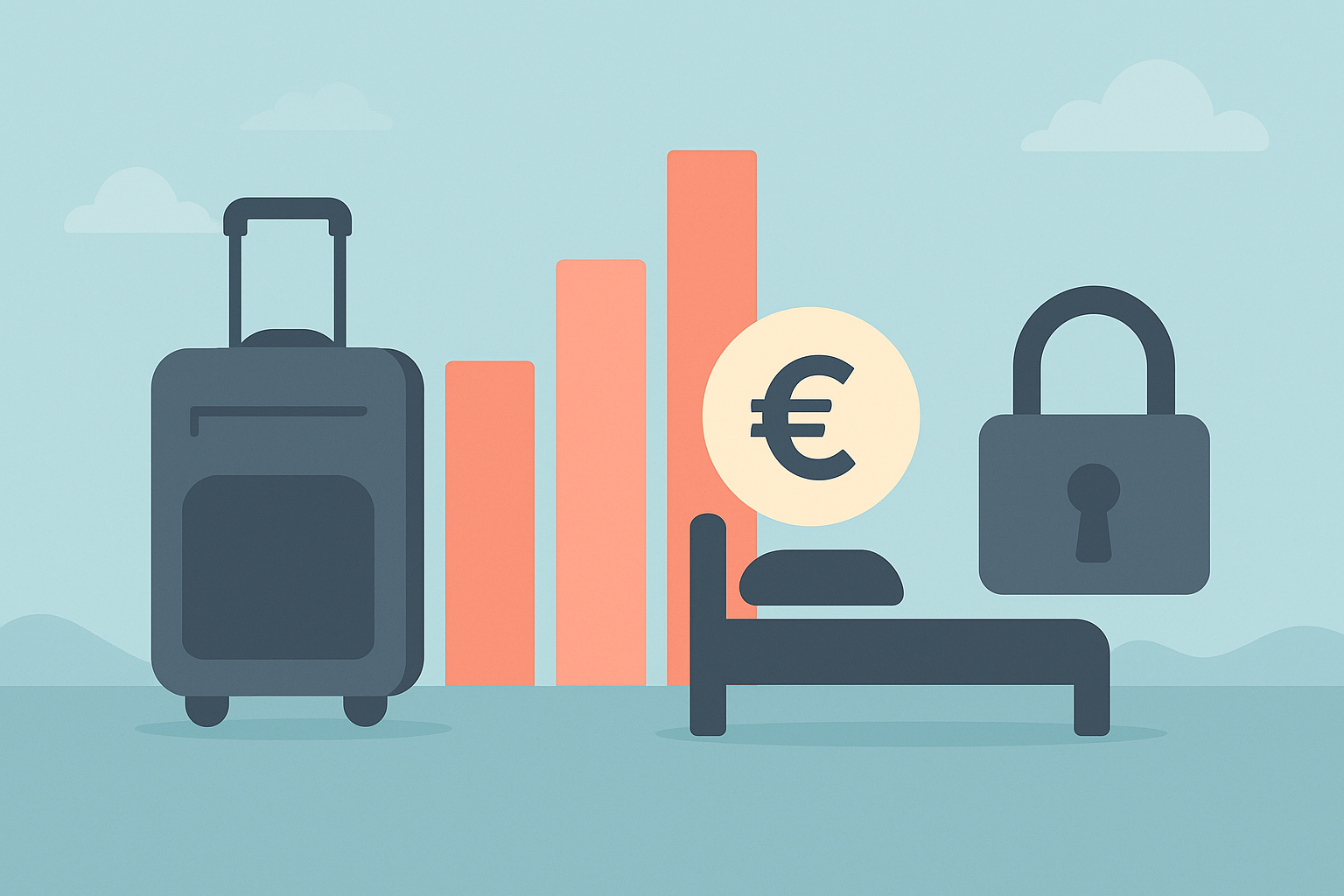 Illustration représentant une valise, un lit avec symbole euro, un cadenas et un graphique de revenus, symbolisant la gestion des réservations, la rentabilité et la sécurité sur Airbnb.