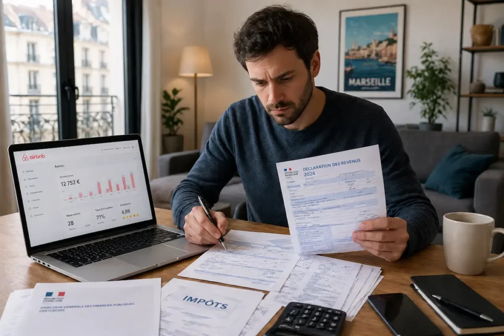 Hôte Airbnb préparant sa déclaration LMNP au régime réel