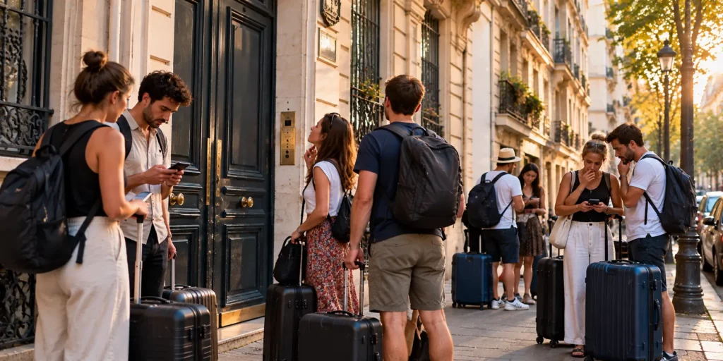 Groupes de voyageurs avec valises sur un trottoir parisien devant un immeuble, arnaque au logement fantôme