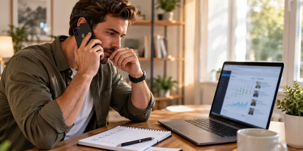 Hôte de location courte durée au téléphone devant son ordinateur, reprise en main de son compte après un piratage